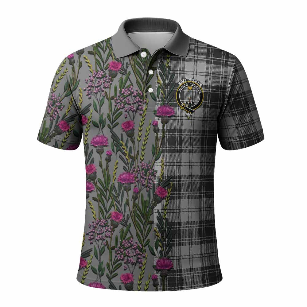 ScotsTee Shop Scottish Glendinning Family Crest Tartan Polo Shirt Scottish Thistle Flower Half Style
