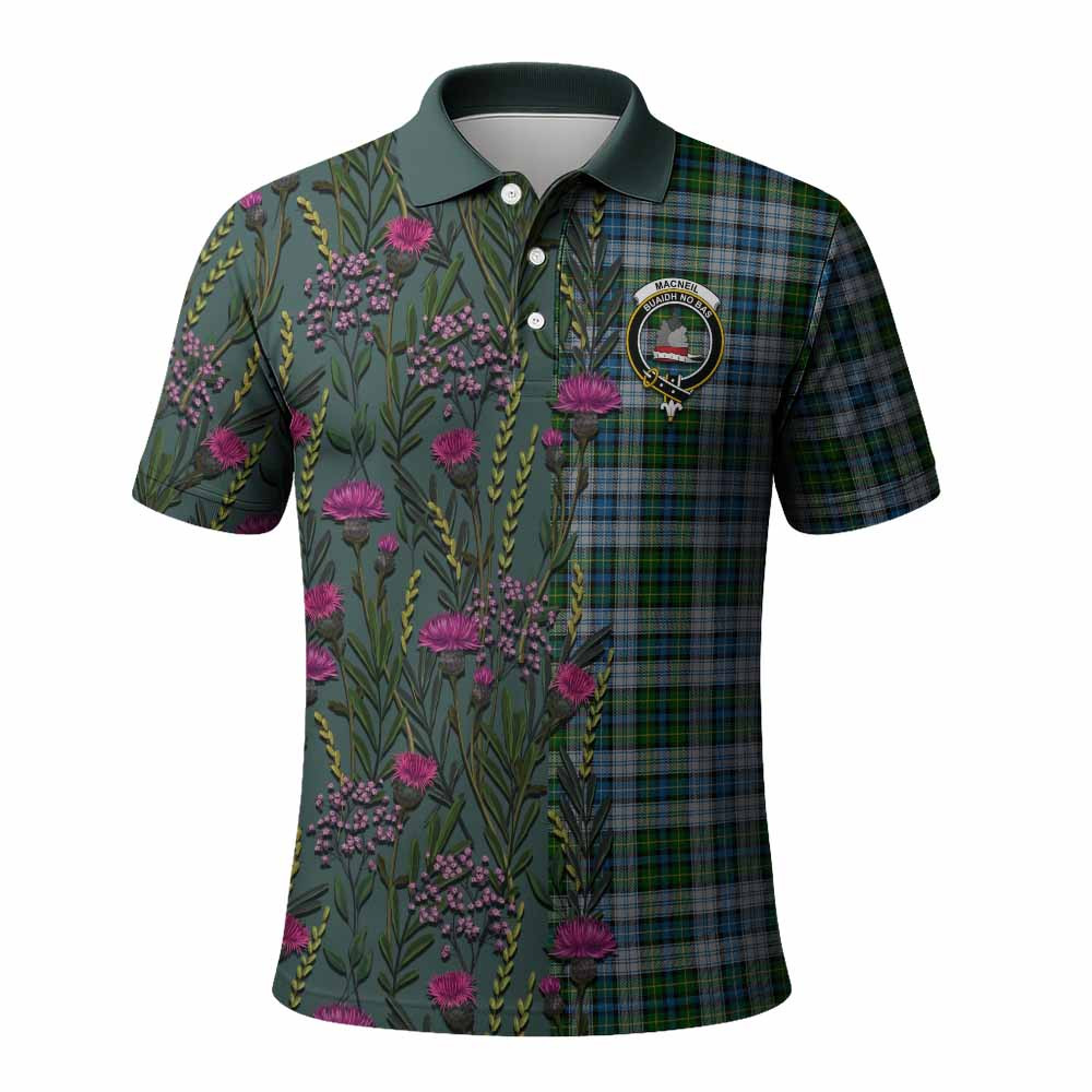 ScotsTee Shop Scottish MacNeil (McNeil) Family Crest Tartan Polo Shirt Scottish Thistle Flower Half Style
