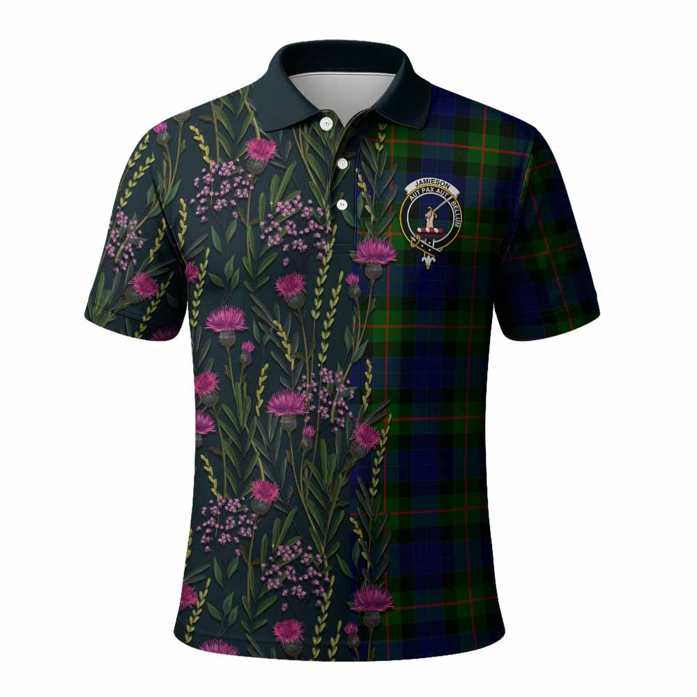 ScotsTee Shop Scottish Jamieson Family Crest Tartan Polo Shirt Scottish Thistle Flower Half Style