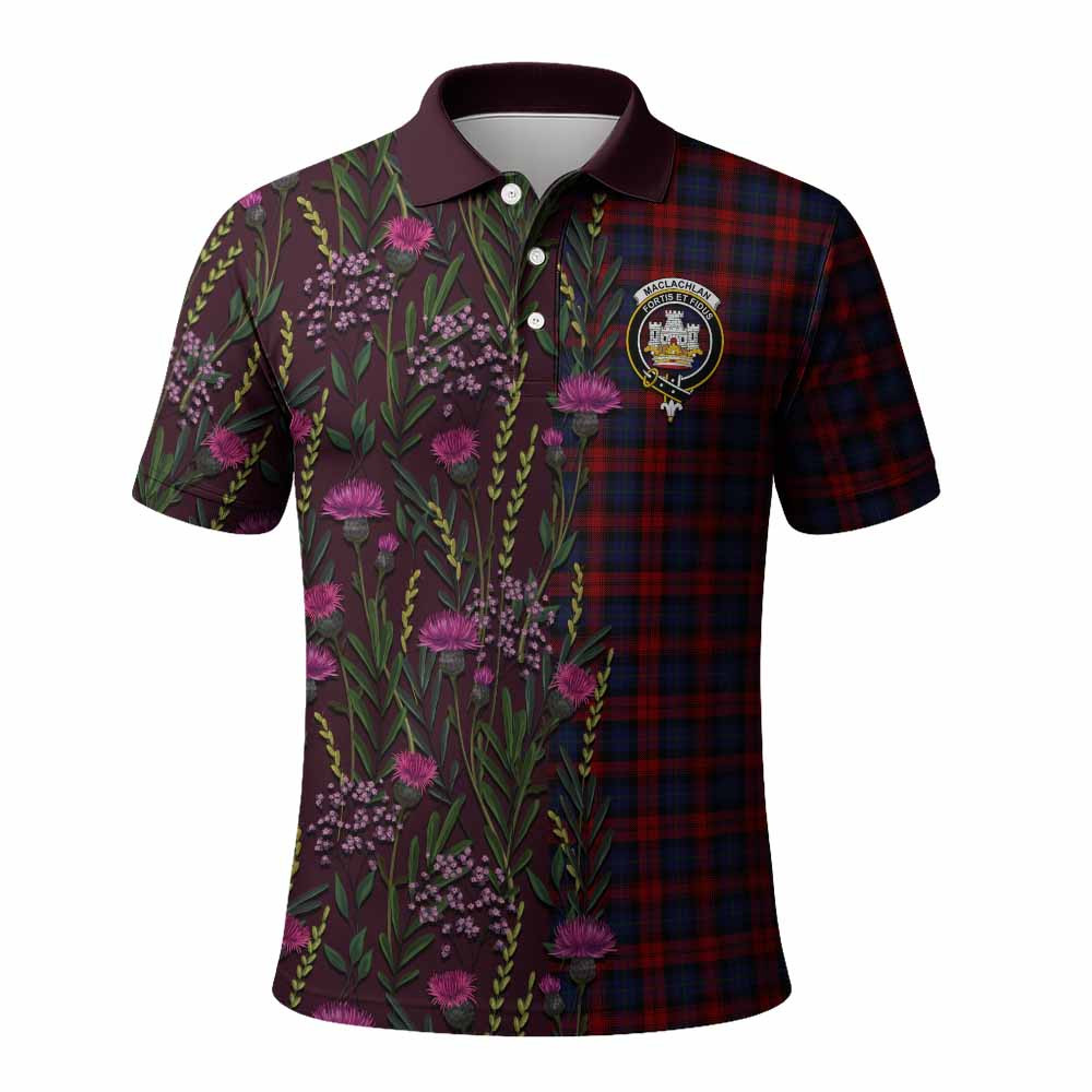 ScotsTee Shop Scottish MacLachlan (McLachlan) Family Crest Tartan Polo Shirt Scottish Thistle Flower Half Style
