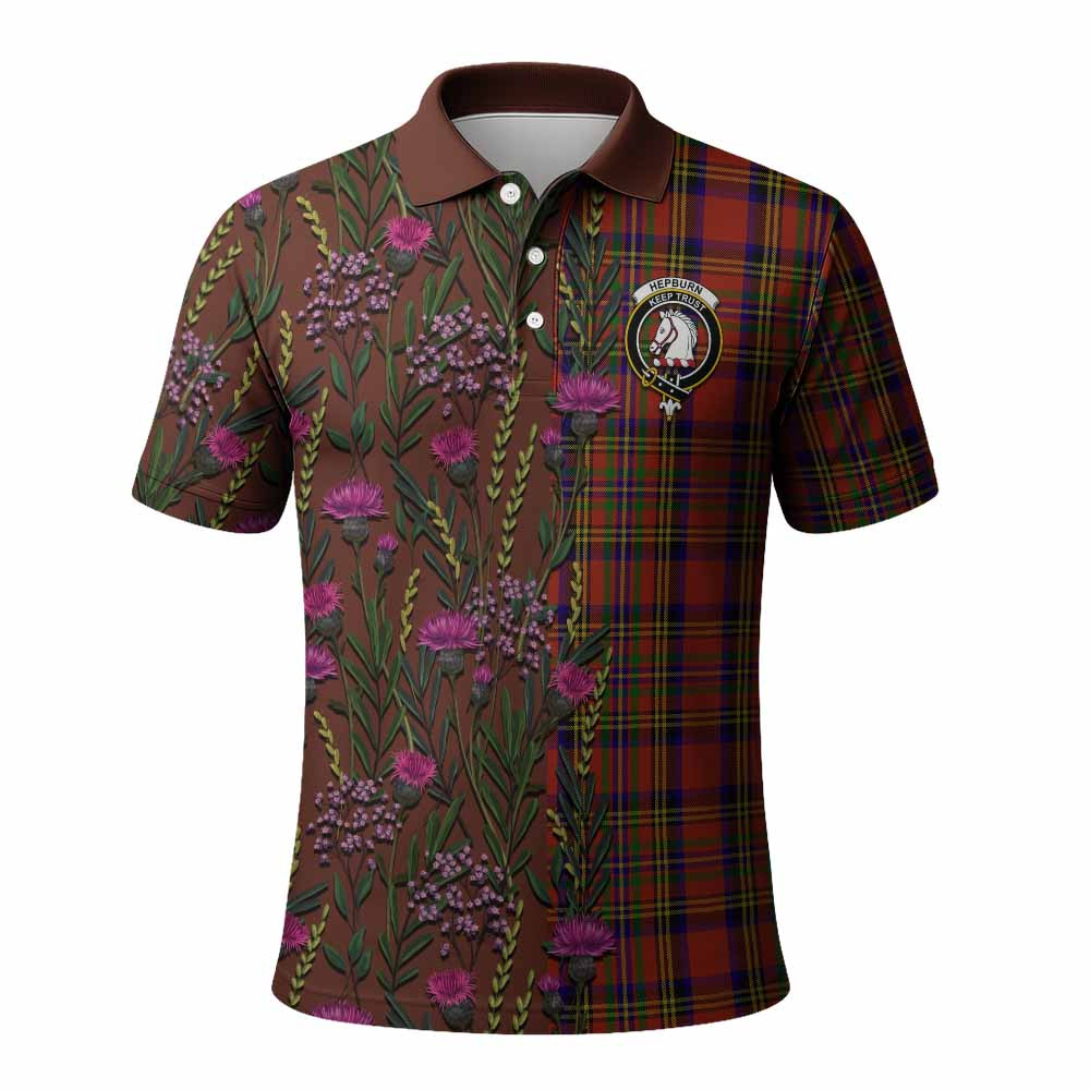 ScotsTee Shop Scottish Hepburn Family Crest Tartan Polo Shirt Scottish Thistle Flower Half Style