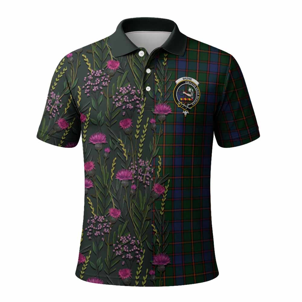 ScotsTee Shop Scottish Skene Family Crest Tartan Polo Shirt Scottish Thistle Flower Half Style