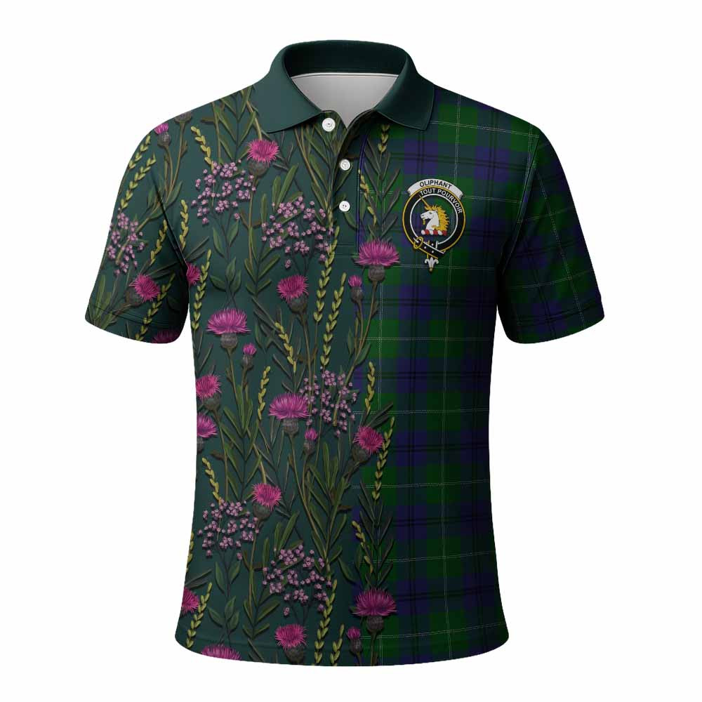 ScotsTee Shop Scottish Oliphant Family Crest Tartan Polo Shirt Scottish Thistle Flower Half Style