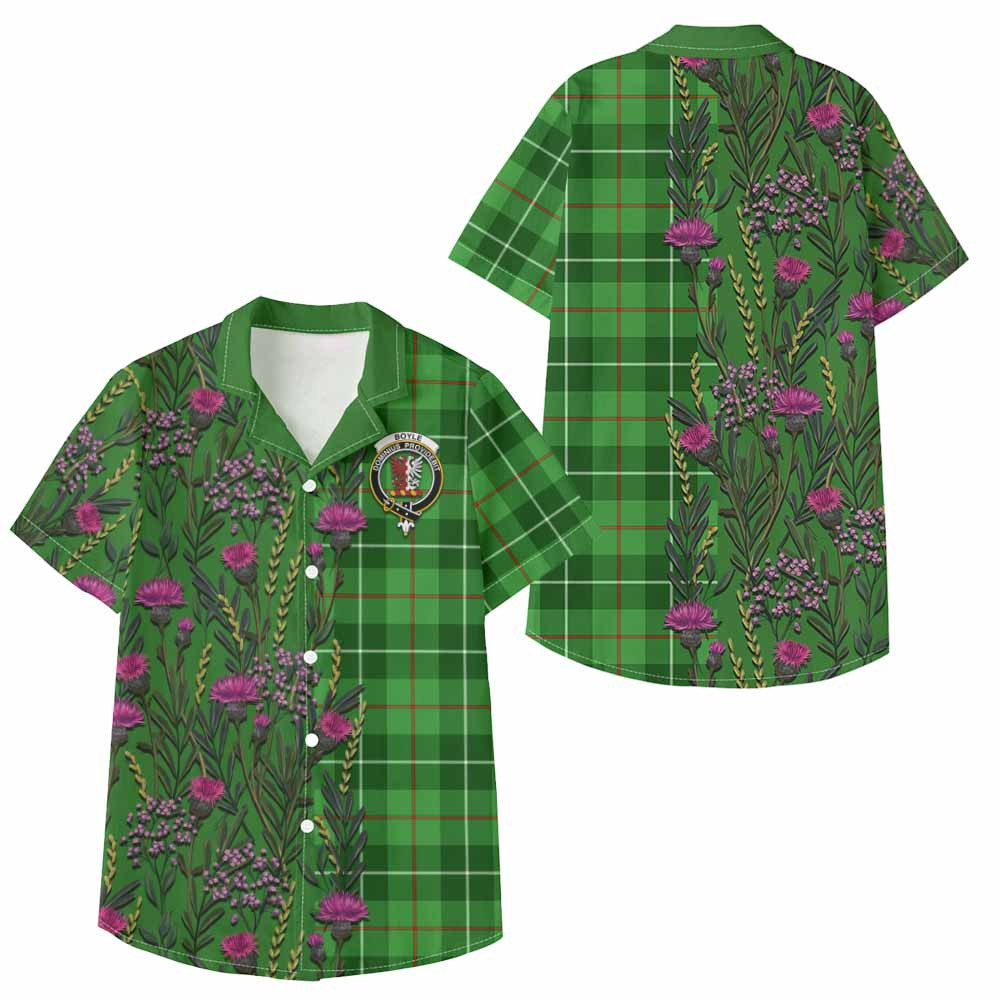 ScotsTee Shop Boyle Family Crest Tartan Kid Hawaiian Shirt Scottish Thistle Flower Pattern Half Style