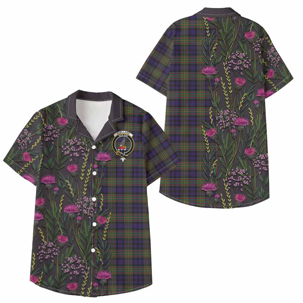 ScotsTee Shop Clelland Family Crest Tartan Kid Hawaiian Shirt Scottish Thistle Flower Pattern Half Style