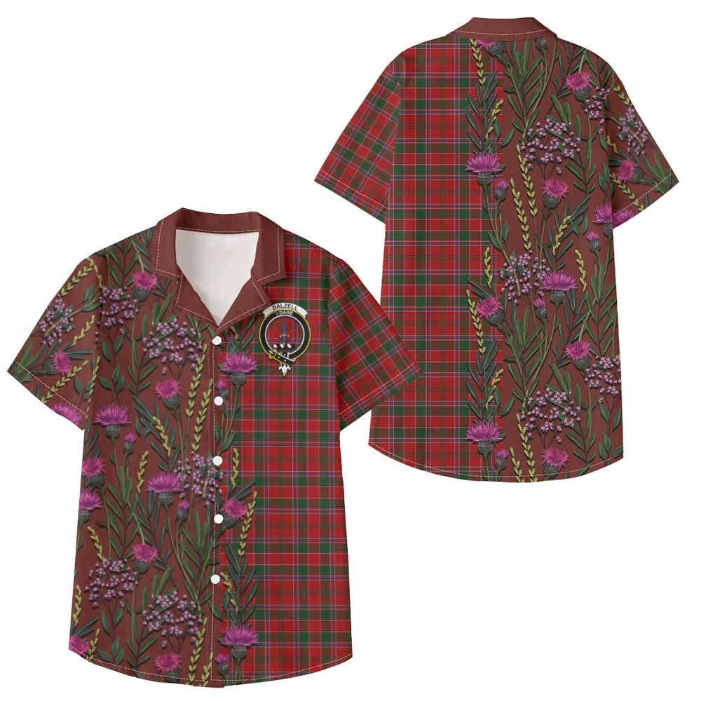 ScotsTee Shop Dalzell (Dalziel) Family Crest Tartan Kid Hawaiian Shirt Scottish Thistle Flower Pattern Half Style