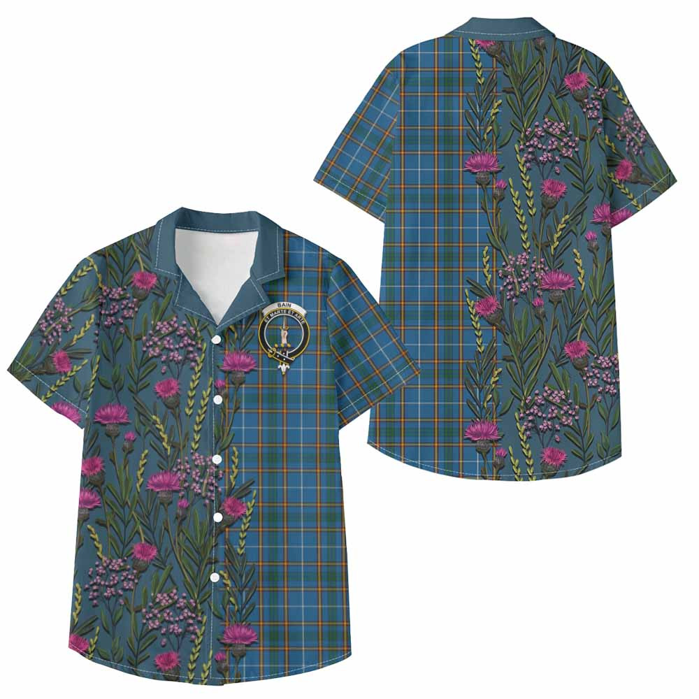 ScotsTee Shop Bain Family Crest Tartan Kid Hawaiian Shirt Scottish Thistle Flower Pattern Half Style