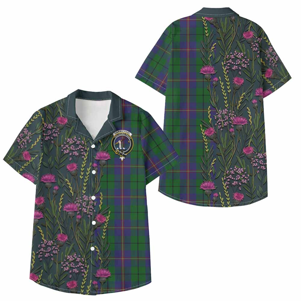 ScotsTee Shop Carmichael Family Crest Tartan Kid Hawaiian Shirt Scottish Thistle Flower Pattern Half Style