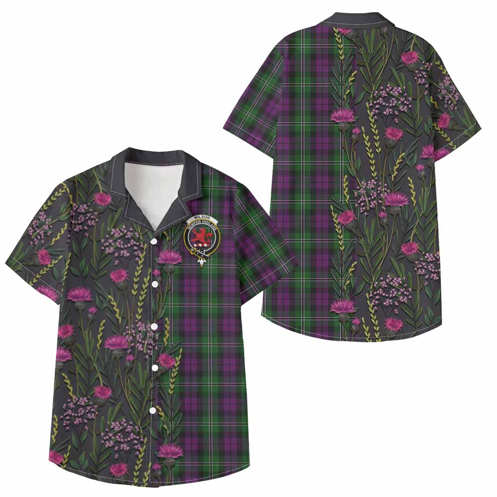 ScotsTee Shop Wilson Family Crest Tartan Kid Hawaiian Shirt Scottish Thistle Flower Pattern Half Style