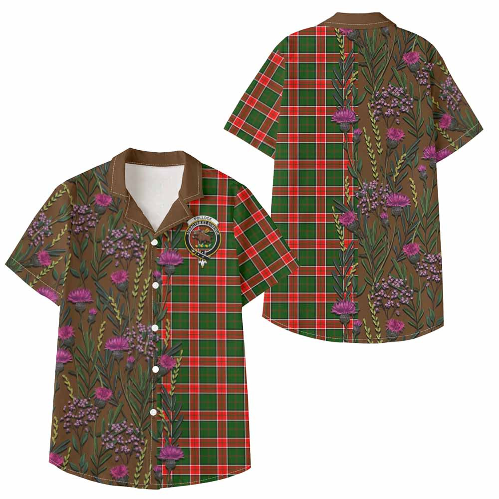 ScotsTee Shop Pollock Family Crest Tartan Kid Hawaiian Shirt Scottish Thistle Flower Pattern Half Style