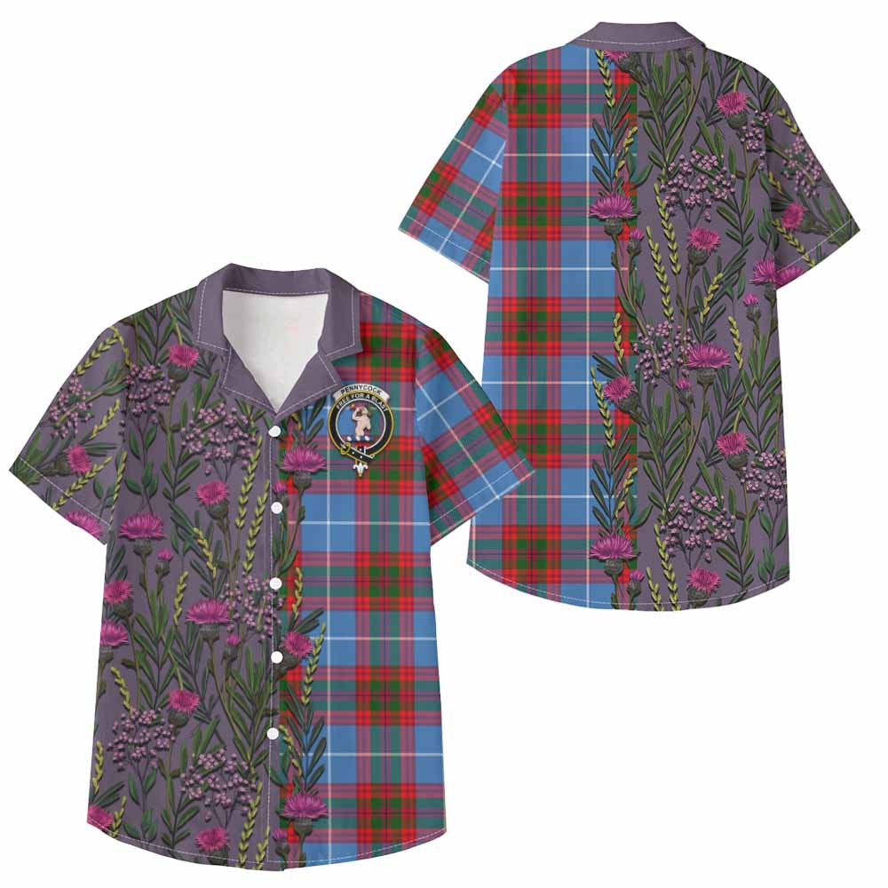 ScotsTee Shop Pennycook Family Crest Tartan Kid Hawaiian Shirt Scottish Thistle Flower Pattern Half Style