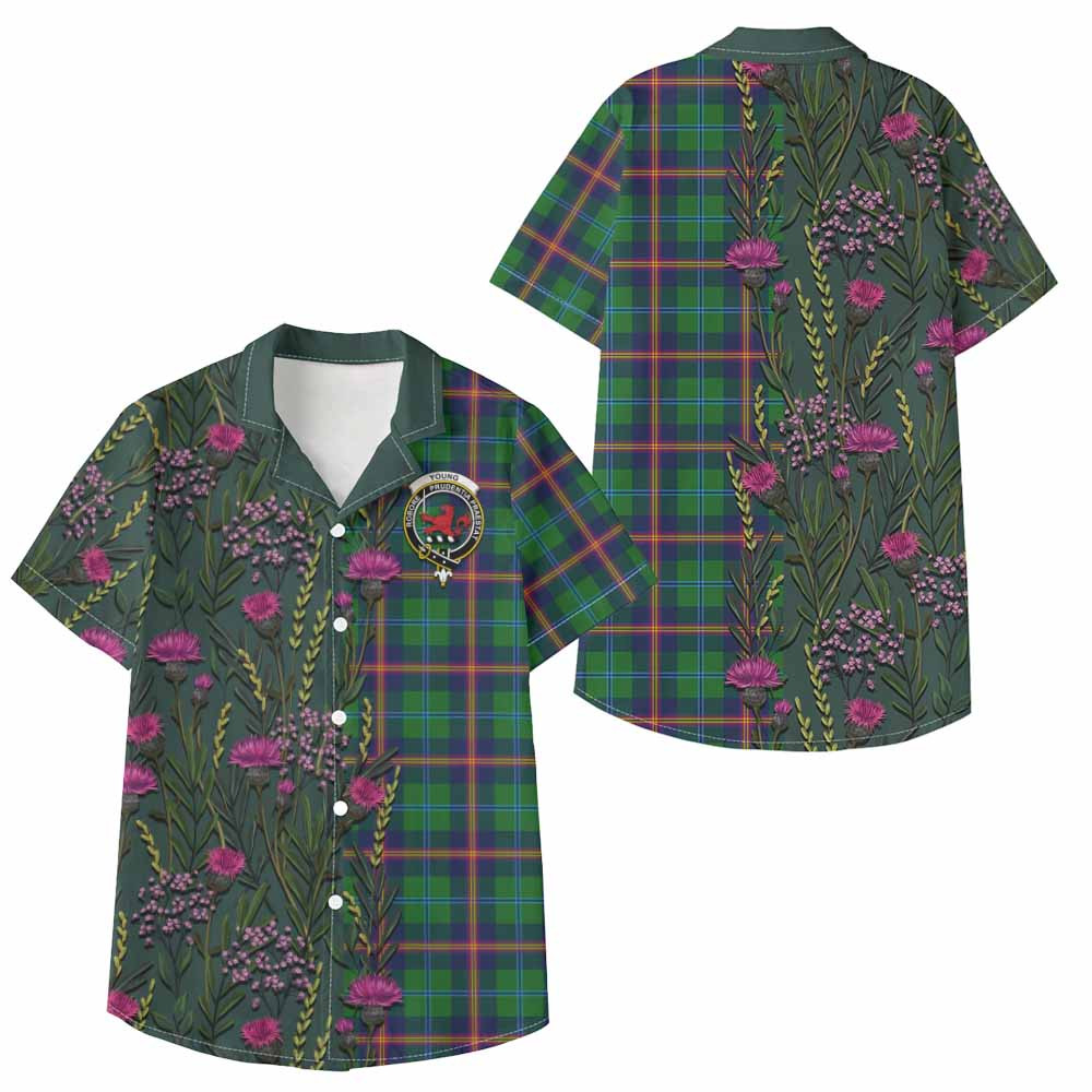 ScotsTee Shop Young Family Crest Tartan Kid Hawaiian Shirt Scottish Thistle Flower Pattern Half Style