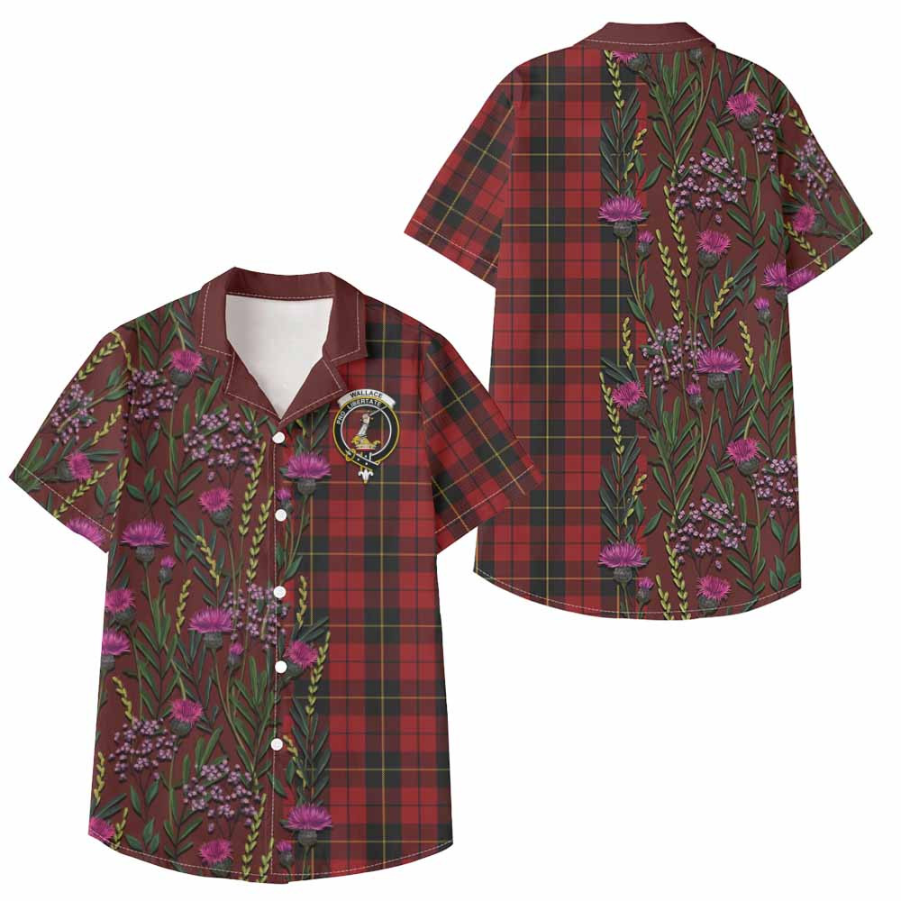 ScotsTee Shop Wallace Family Crest Tartan Kid Hawaiian Shirt Scottish Thistle Flower Pattern Half Style