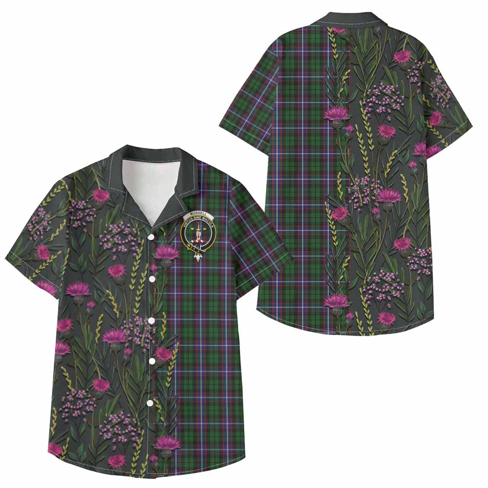 ScotsTee Shop Russell Family Crest Tartan Kid Hawaiian Shirt Scottish Thistle Flower Pattern Half Style