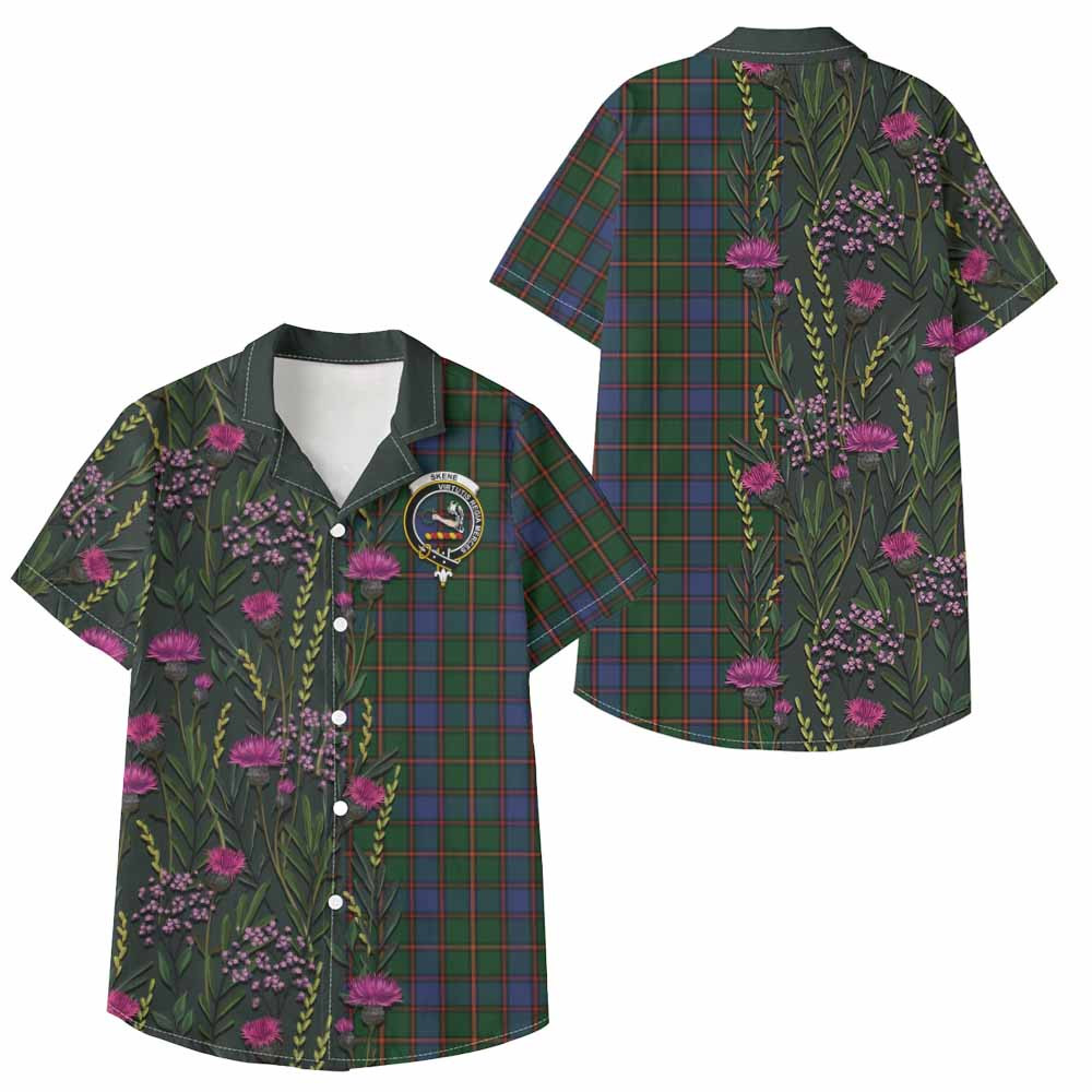 ScotsTee Shop Skene Family Crest Tartan Kid Hawaiian Shirt Scottish Thistle Flower Pattern Half Style