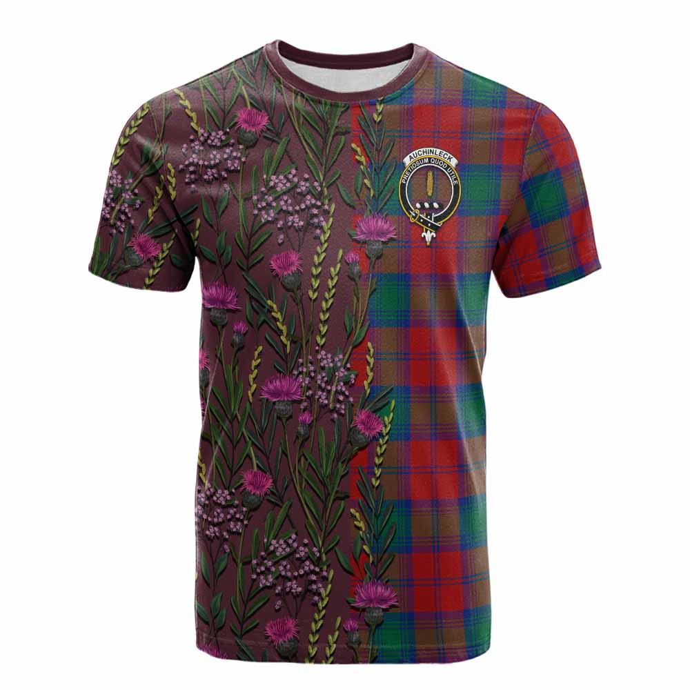 ScotsTee Shop Scottish Auchinleck (Affleck) Family Crest Tartan T-shirt Scottish Thistle Flower Half Style
