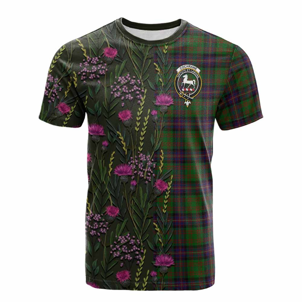 ScotsTee Shop Scottish Cochrane Family Crest Tartan T-shirt Scottish Thistle Flower Half Style