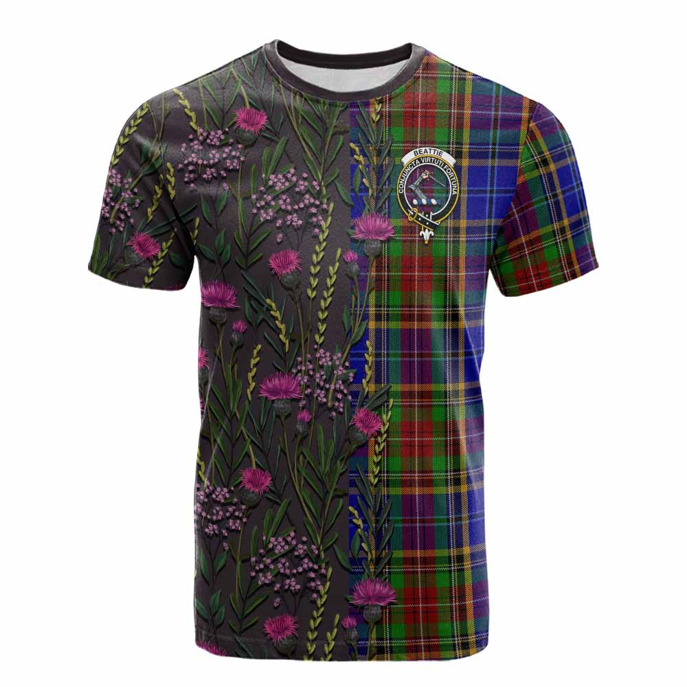 ScotsTee Shop Scottish Beattie (Beatty) Family Crest Tartan T-shirt Scottish Thistle Flower Half Style