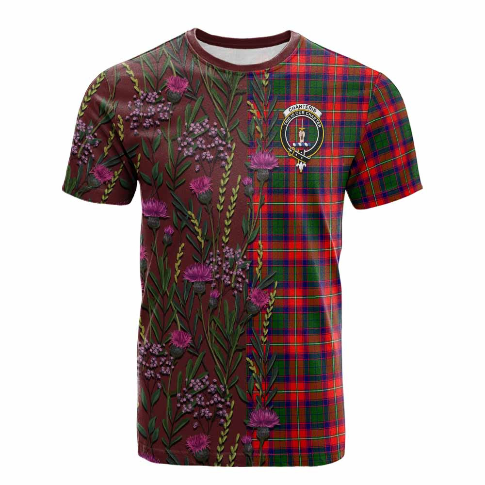 ScotsTee Shop Scottish Charteris Family Crest Tartan T-shirt Scottish Thistle Flower Half Style