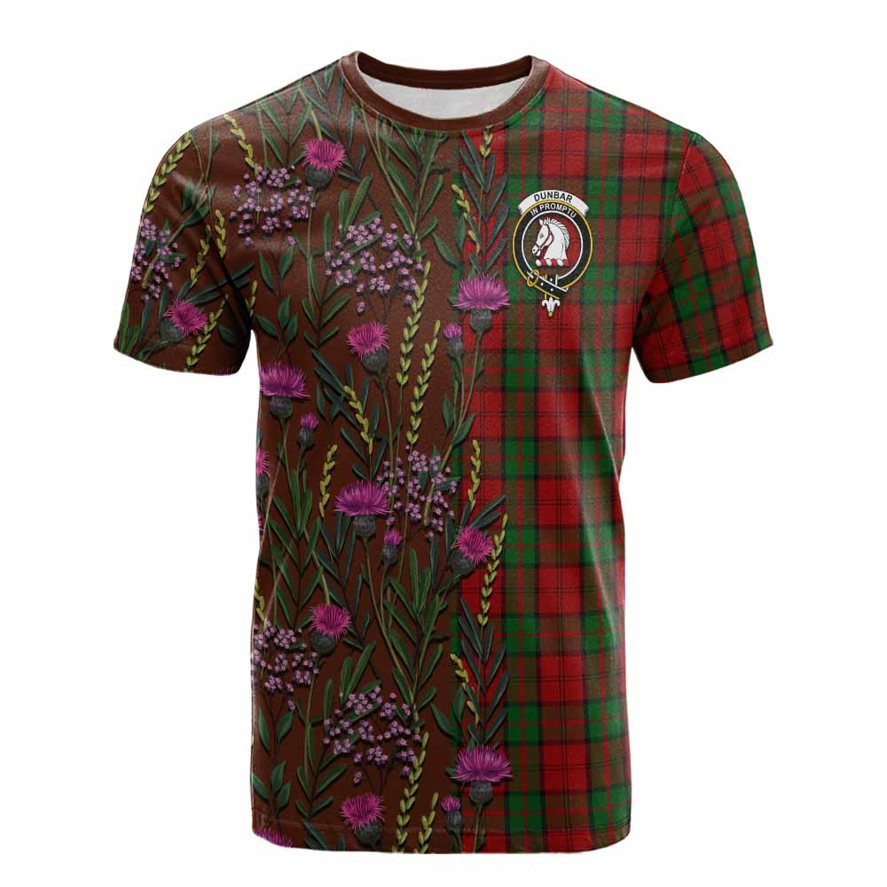 ScotsTee Shop Scottish Dunbar Family Crest Tartan T-shirt Scottish Thistle Flower Half Style