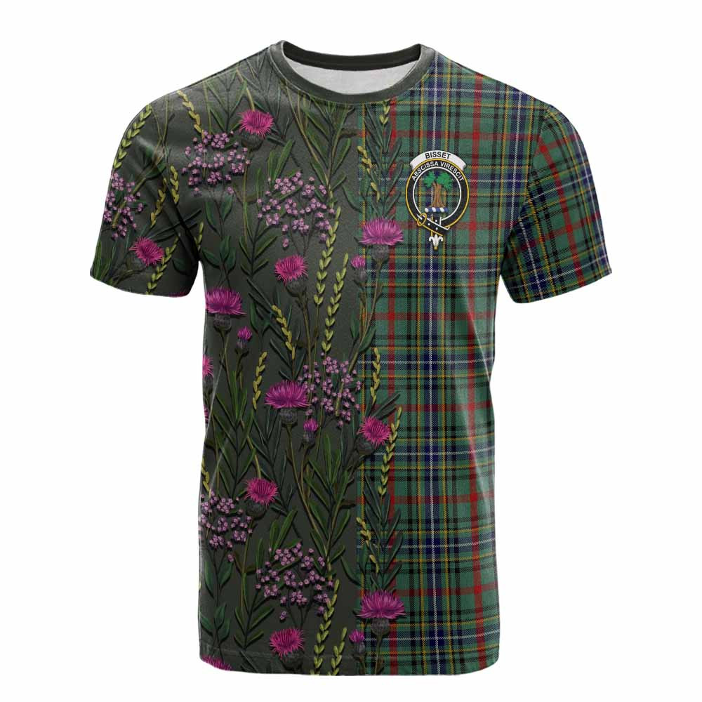 ScotsTee Shop Scottish Bisset Family Crest Tartan T-shirt Scottish Thistle Flower Half Style
