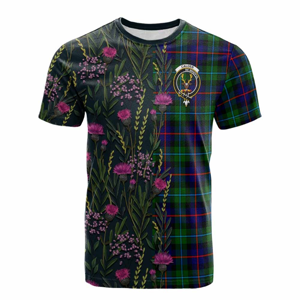 ScotsTee Shop Scottish Calder Family Crest Tartan T-shirt Scottish Thistle Flower Half Style