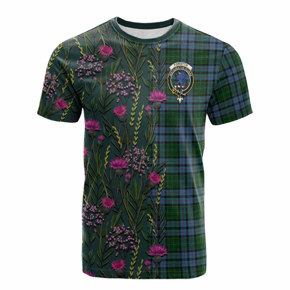 ScotsTee Shop Scottish Forsyth Family Crest Tartan T-shirt Scottish Thistle Flower Half Style