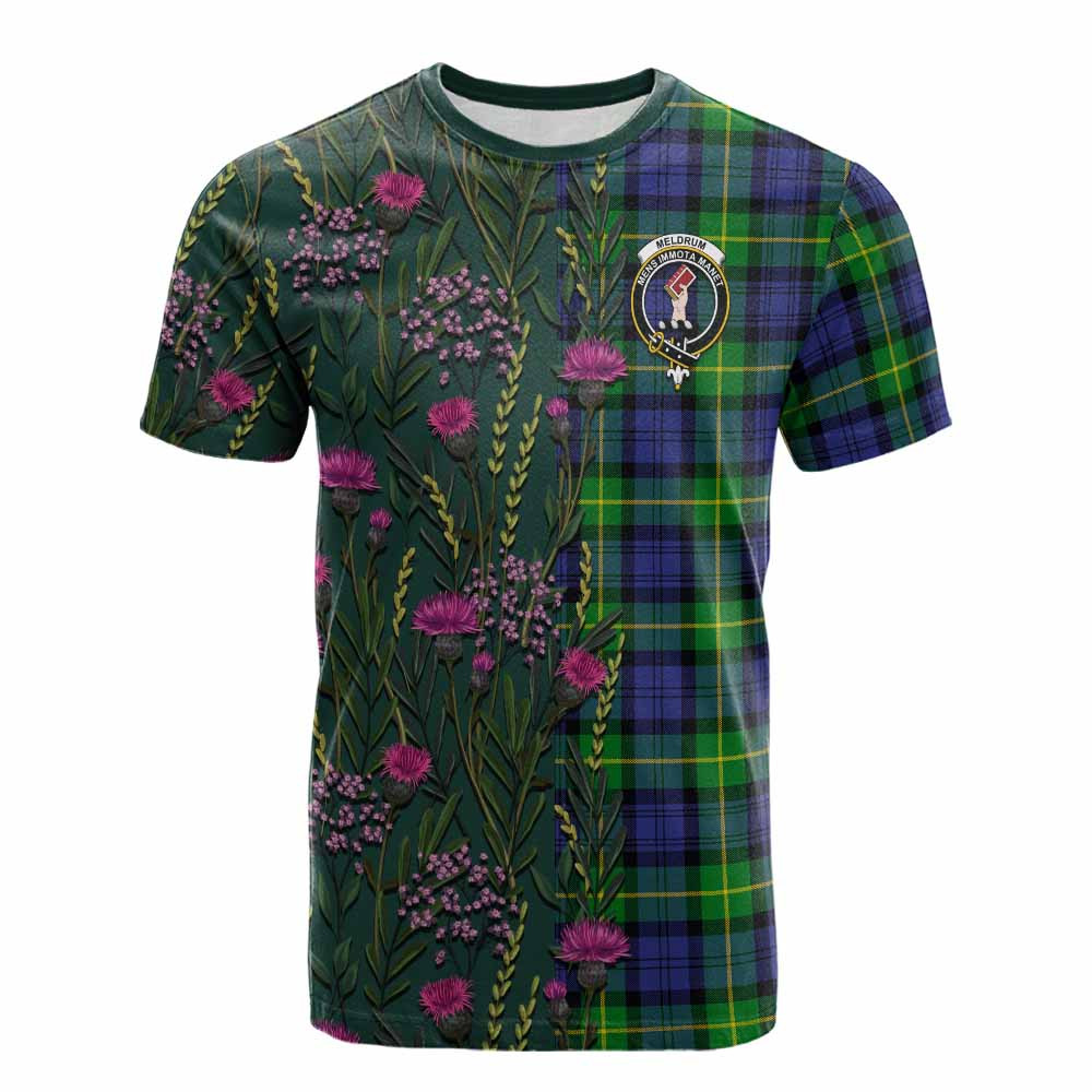 ScotsTee Shop Scottish Meldrum Family Crest Tartan T-shirt Scottish Thistle Flower Half Style