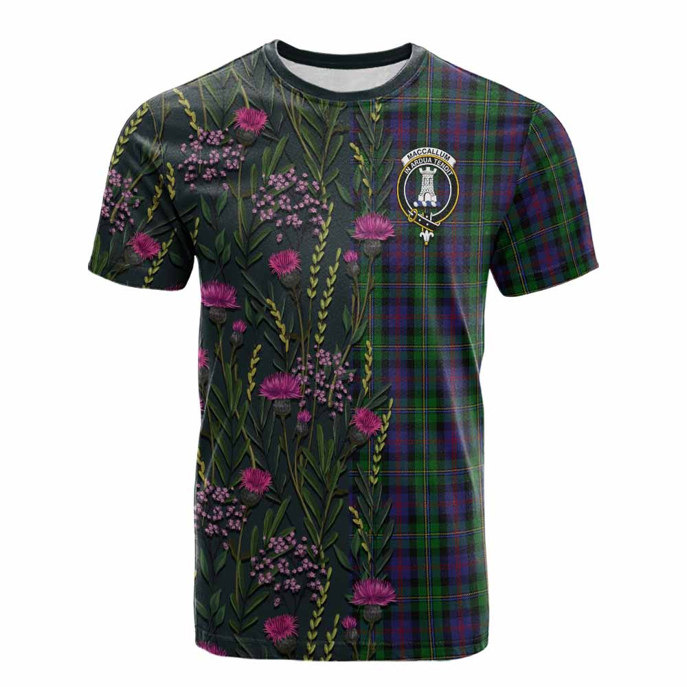 ScotsTee Shop Scottish MacCallum (McCallum) Family Crest Tartan T-shirt Scottish Thistle Flower Half Style