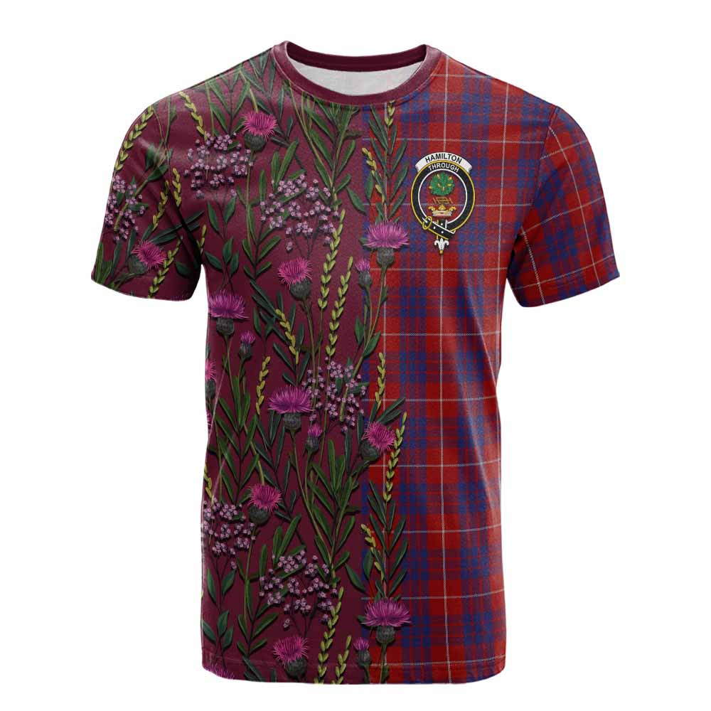ScotsTee Shop Scottish Hamilton Family Crest Tartan T-shirt Scottish Thistle Flower Half Style