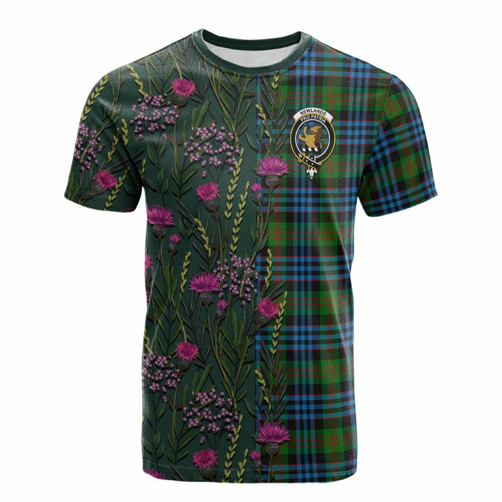 ScotsTee Shop Scottish Newlands Family Crest Tartan T-shirt Scottish Thistle Flower Half Style