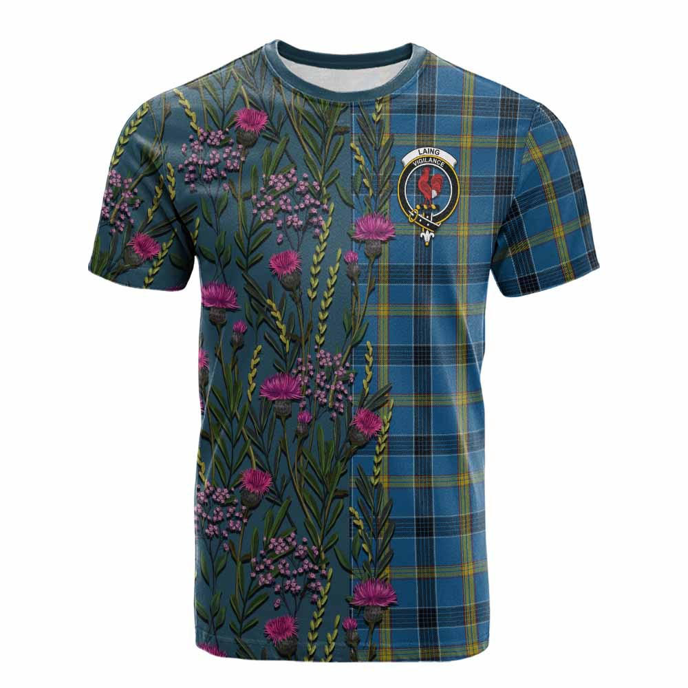 ScotsTee Shop Scottish Laing Family Crest Tartan T-shirt Scottish Thistle Flower Half Style