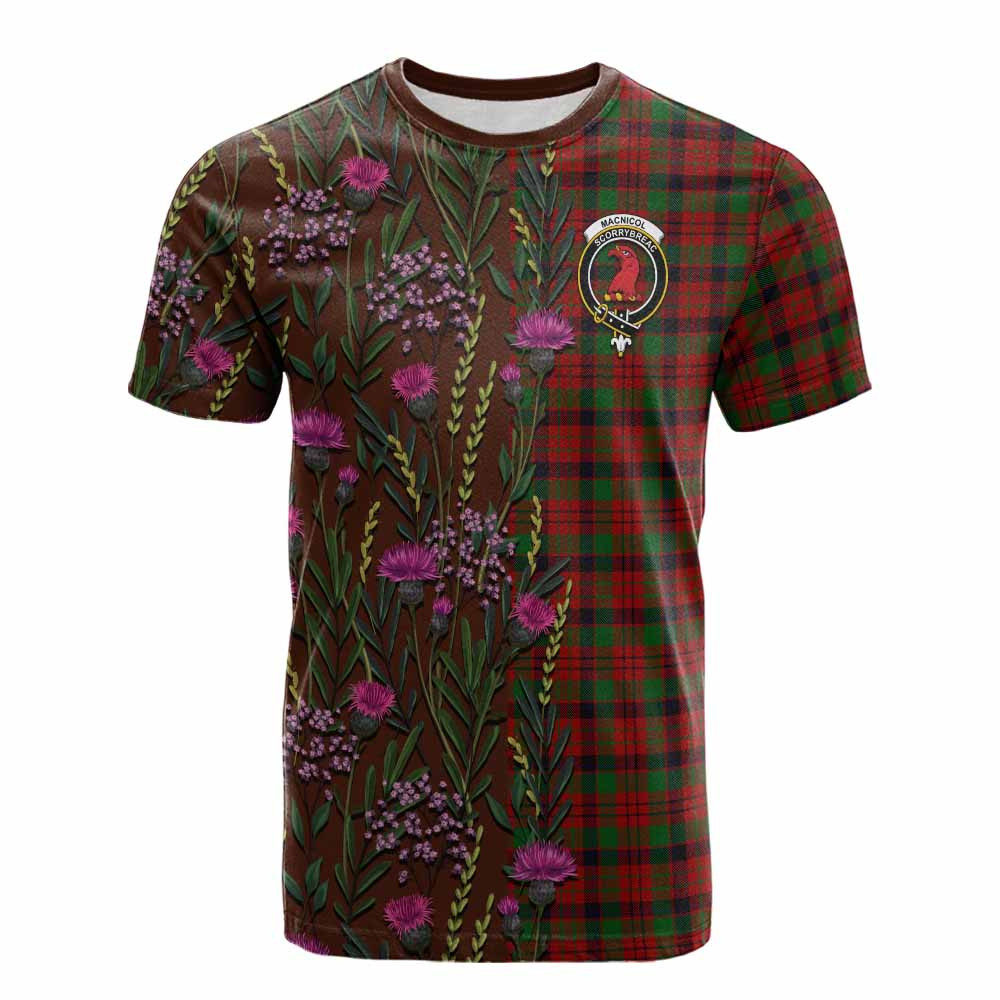 ScotsTee Shop Scottish MacNicol (McNicol) Family Crest Tartan T-shirt Scottish Thistle Flower Half Style