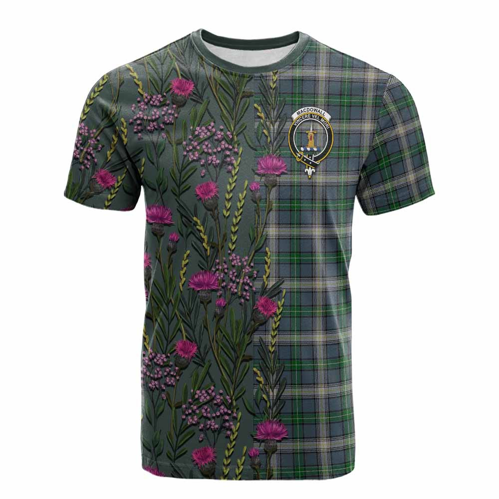 ScotsTee Shop Scottish MacDowall (McDowall) Family Crest Tartan T-shirt Scottish Thistle Flower Half Style
