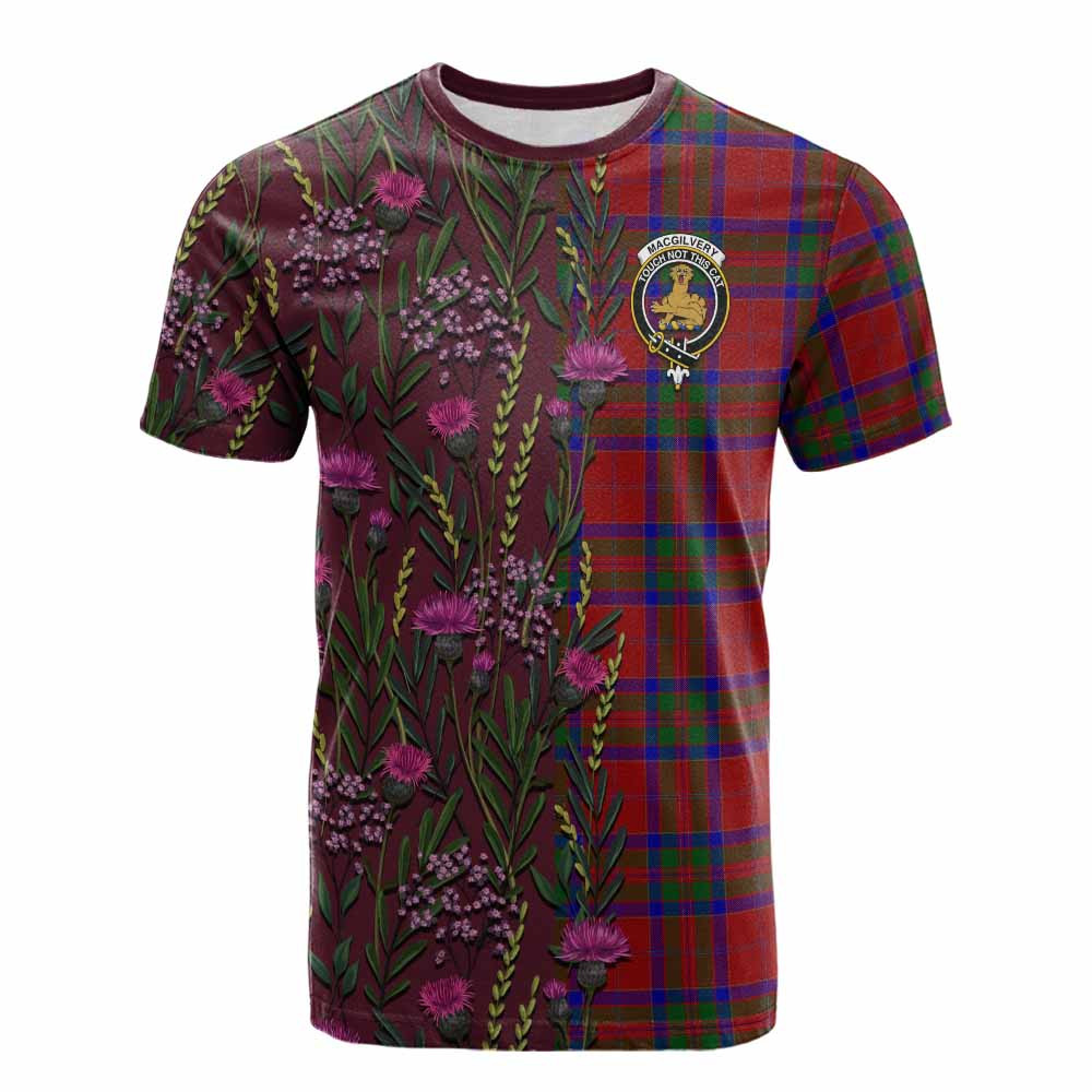 ScotsTee Shop Scottish MacGilvery (McGilvery) Family Crest Tartan T-shirt Scottish Thistle Flower Half Style