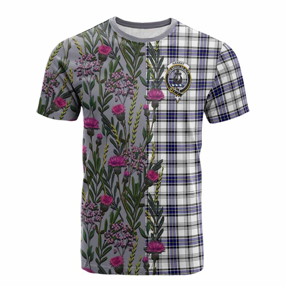 ScotsTee Shop Scottish Hannay Family Crest Tartan T-shirt Scottish Thistle Flower Half Style