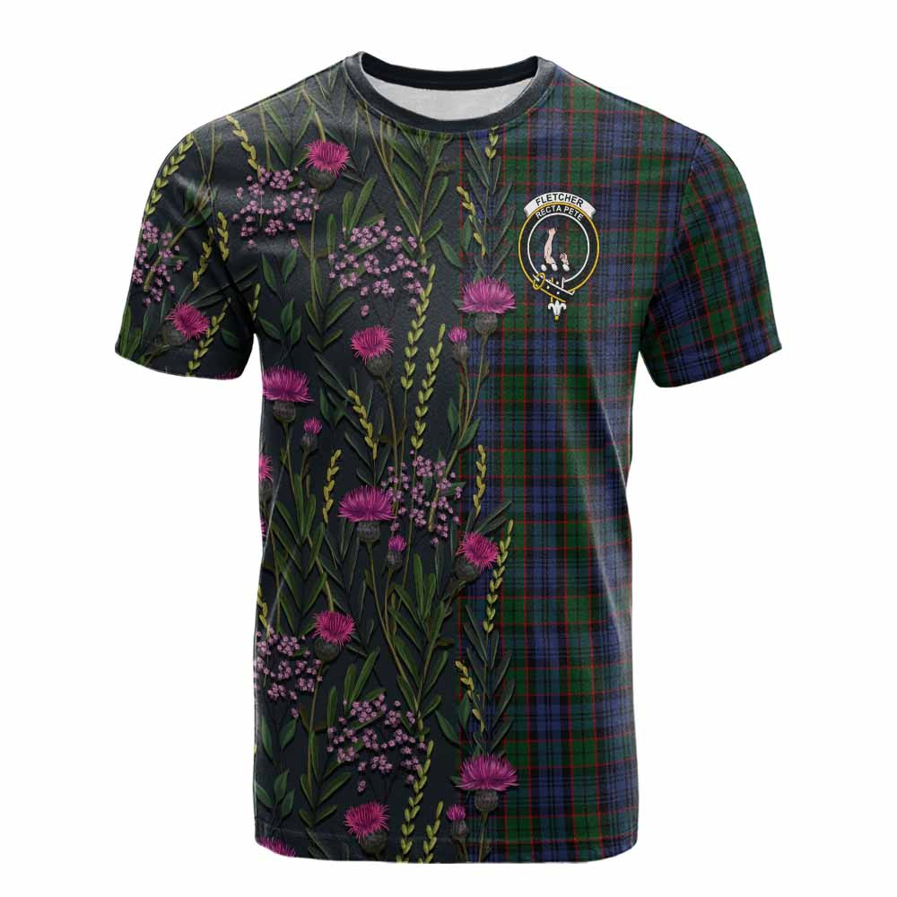 ScotsTee Shop Scottish Fletcher Family Crest Tartan T-shirt Scottish Thistle Flower Half Style