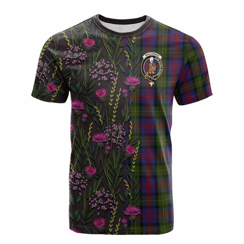 ScotsTee Shop Scottish MacLennan (McLennan) Family Crest Tartan T-shirt Scottish Thistle Flower Half Style