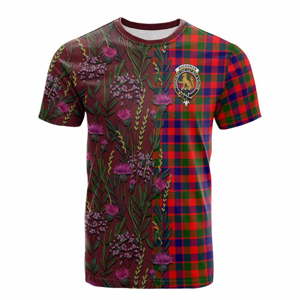 ScotsTee Shop Scottish MacGowan (McGowan) Family Crest Tartan T-shirt Scottish Thistle Flower Half Style
