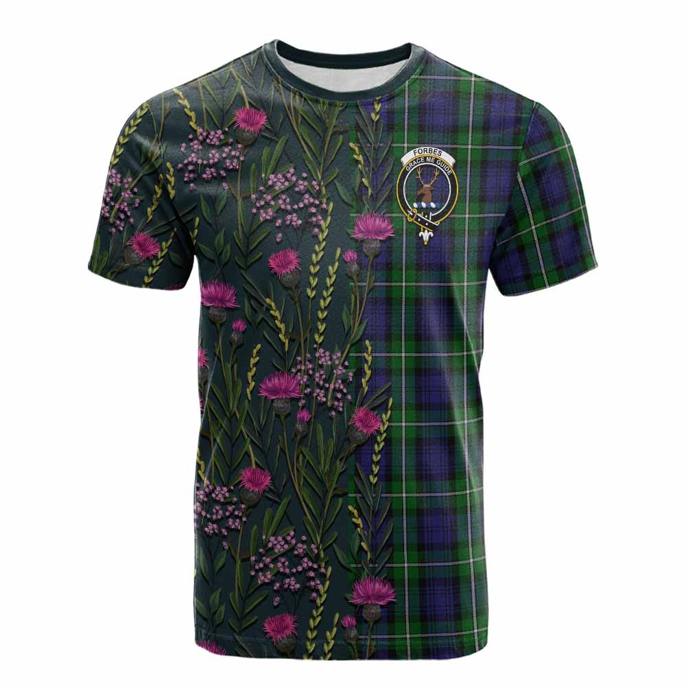 ScotsTee Shop Scottish Forbes Family Crest Tartan T-shirt Scottish Thistle Flower Half Style