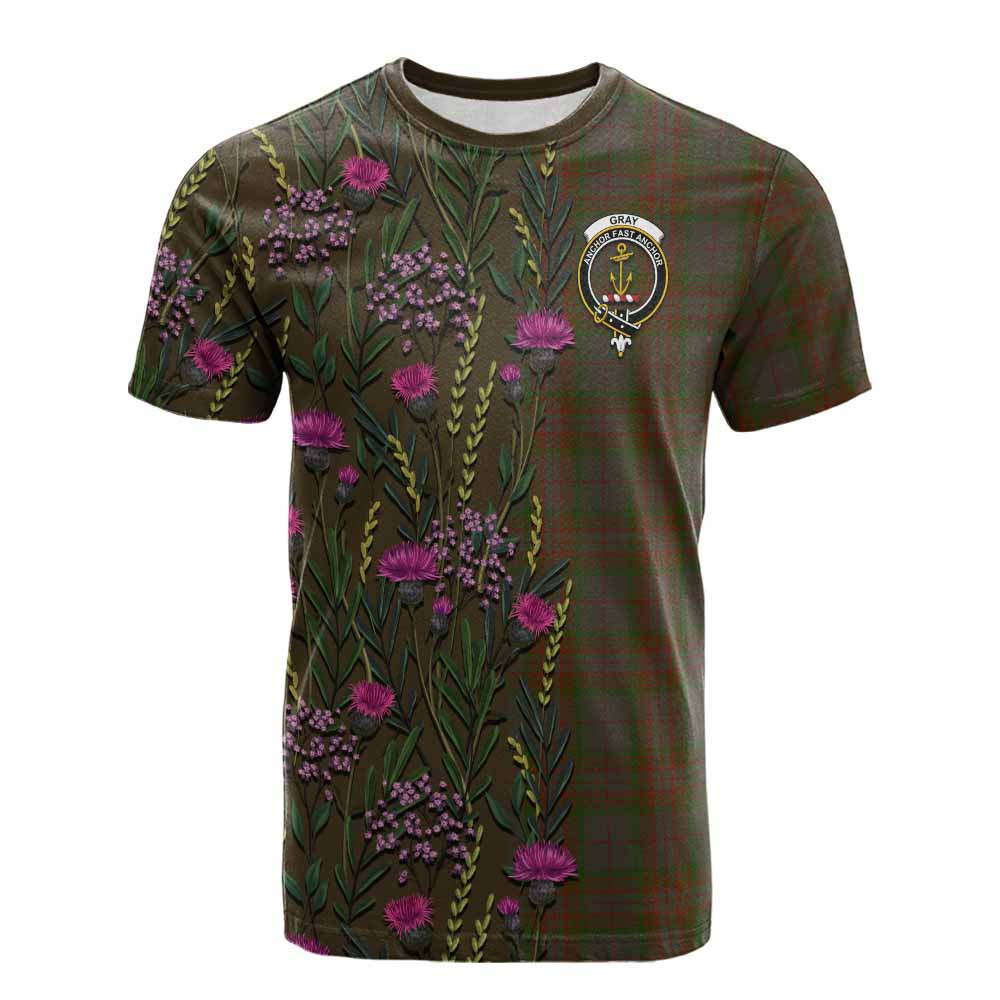 ScotsTee Shop Scottish Gray Family Crest Tartan T-shirt Scottish Thistle Flower Half Style