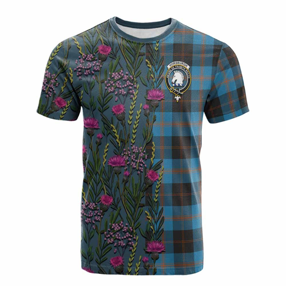 ScotsTee Shop Scottish Horsburgh Family Crest Tartan T-shirt Scottish Thistle Flower Half Style