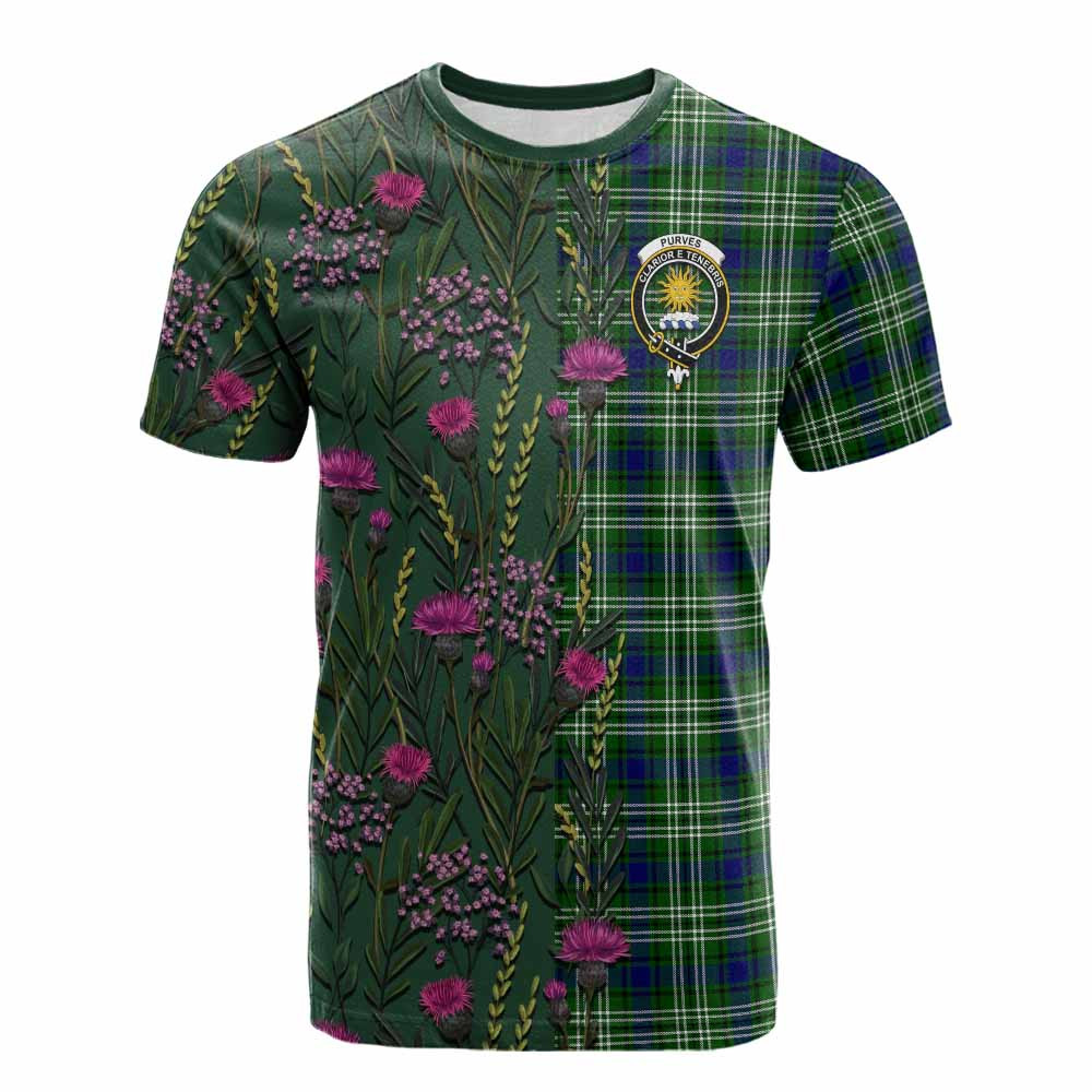 ScotsTee Shop Scottish Purves Family Crest Tartan T-shirt Scottish Thistle Flower Half Style