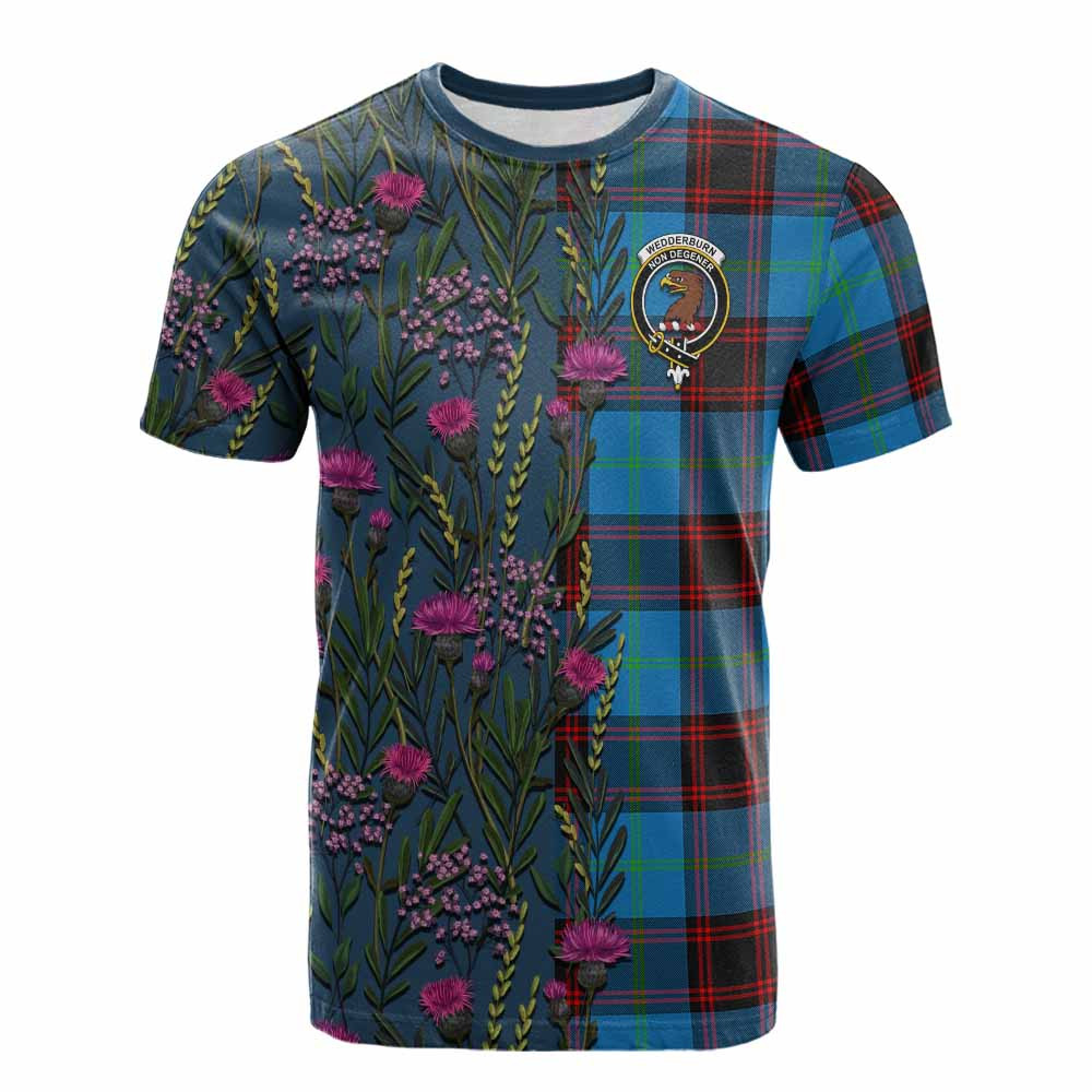 ScotsTee Shop Scottish Wedderburn Family Crest Tartan T-shirt Scottish Thistle Flower Half Style