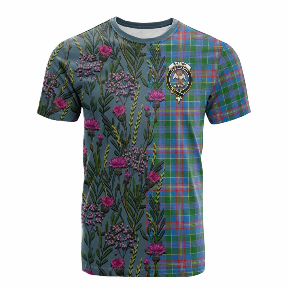 ScotsTee Shop Scottish Ralston Family Crest Tartan T-shirt Scottish Thistle Flower Half Style