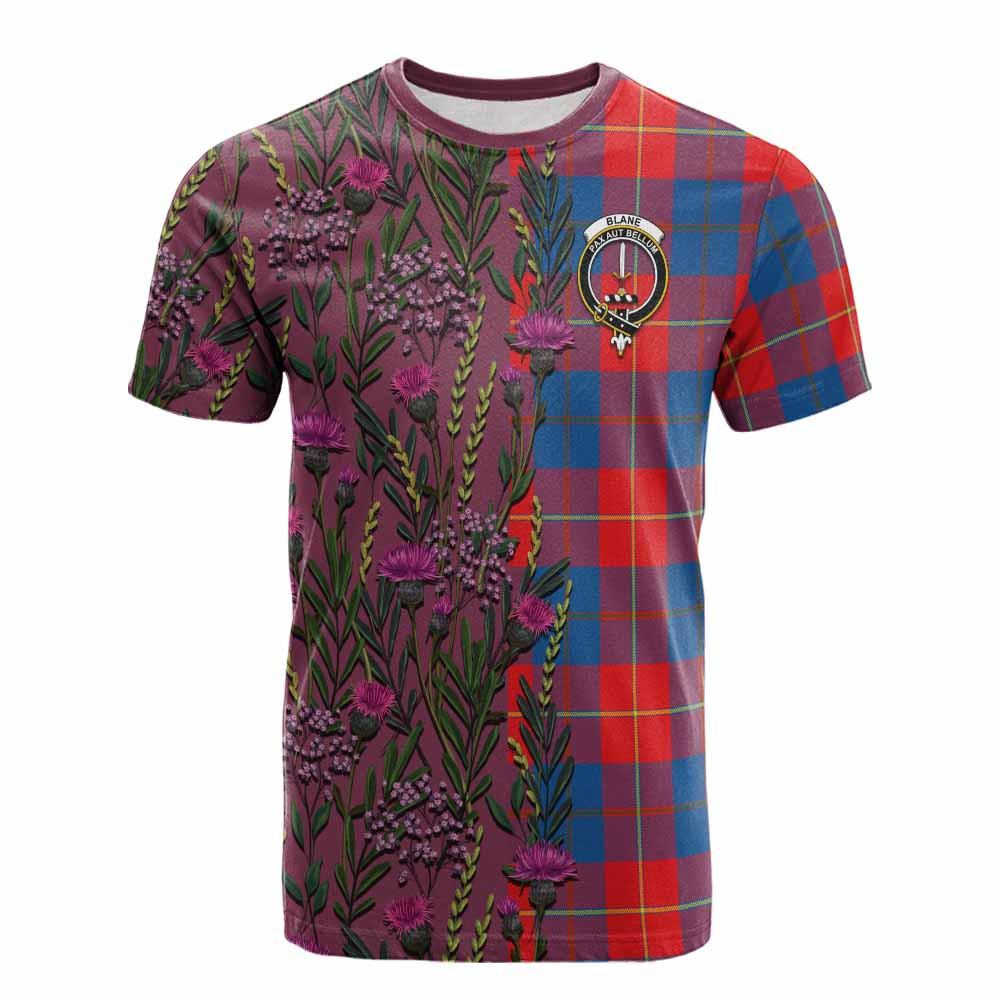 ScotsTee Shop Scottish Blane Family Crest Tartan T-shirt Scottish Thistle Flower Half Style