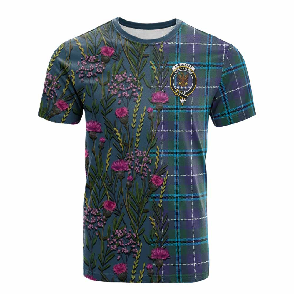 ScotsTee Shop Scottish Sandilands Family Crest Tartan T-shirt Scottish Thistle Flower Half Style