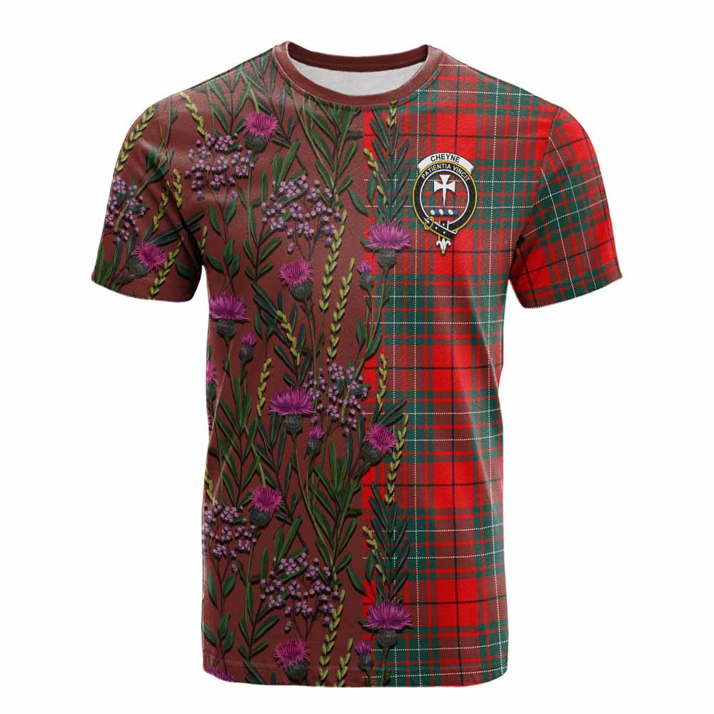 ScotsTee Shop Scottish Cheyne Family Crest Tartan T-shirt Scottish Thistle Flower Half Style