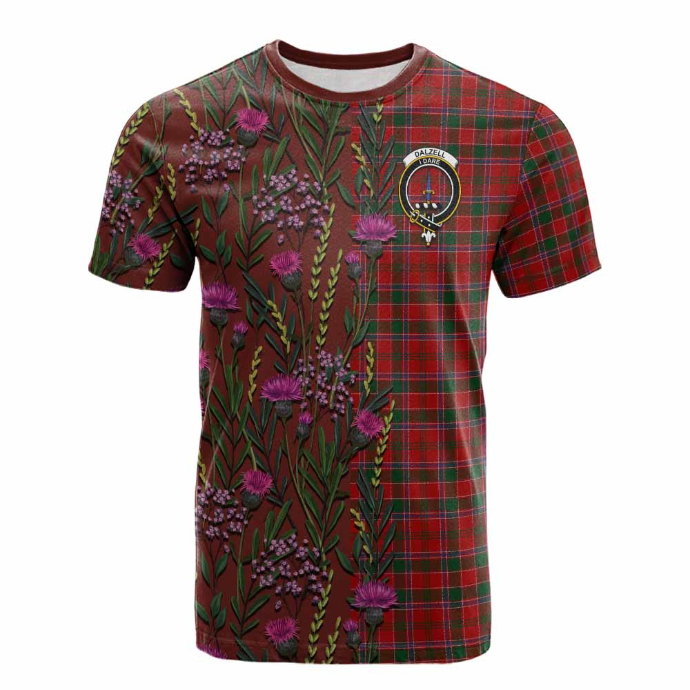 ScotsTee Shop Scottish Dalzell (Dalziel) Family Crest Tartan T-shirt Scottish Thistle Flower Half Style