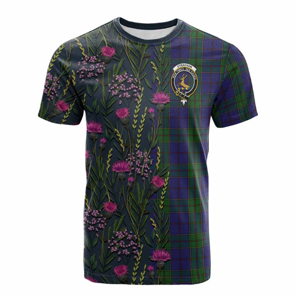 ScotsTee Shop Scottish Strachan Family Crest Tartan T-shirt Scottish Thistle Flower Half Style
